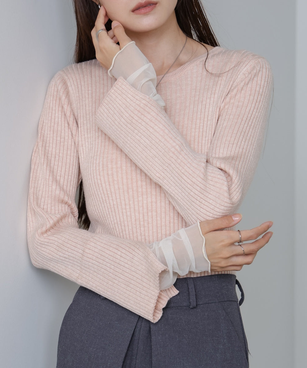 【選べるネック】チュールレイヤードリブニット