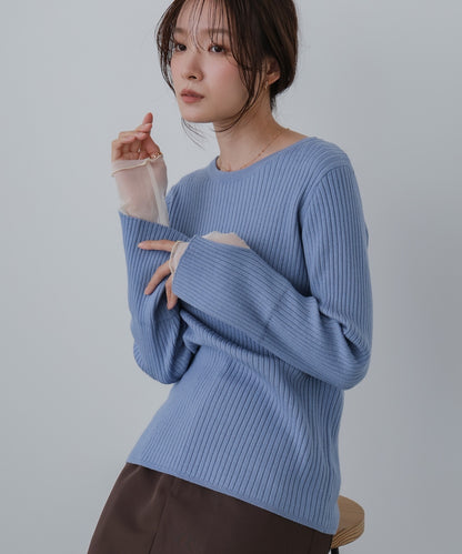 【選べるネック】チュールレイヤードリブニット
