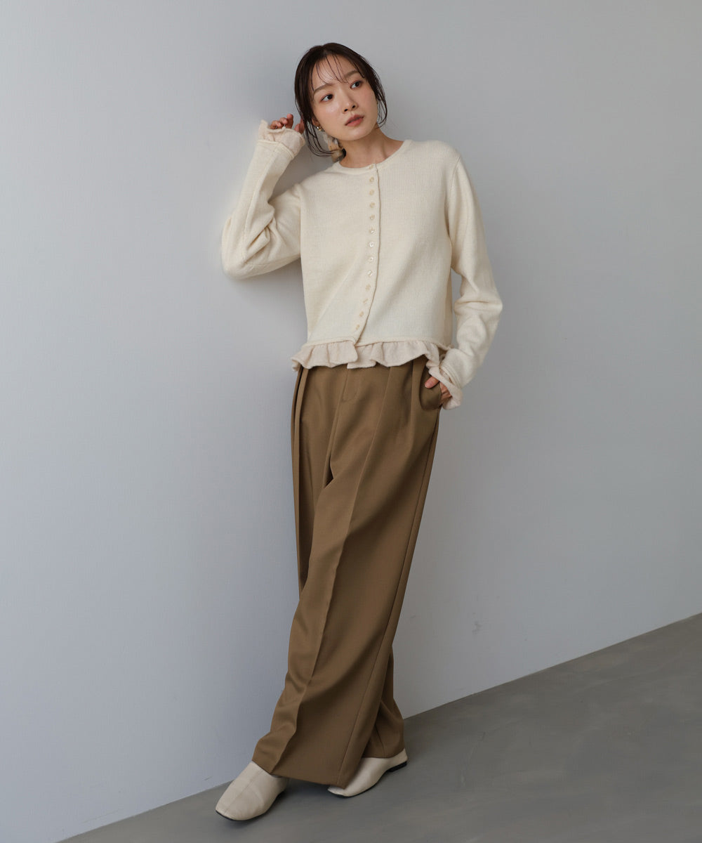 配色フリルニットカーディガン