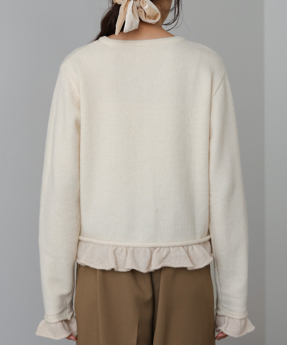 配色フリルニットカーディガン