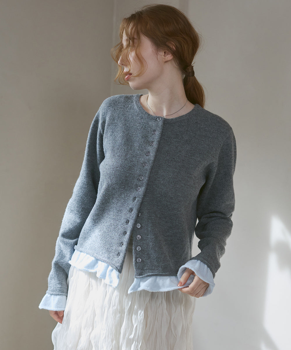 配色フリルニットカーディガン