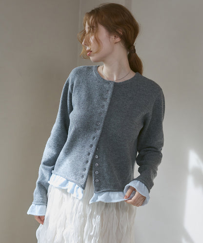 配色フリルニットカーディガン