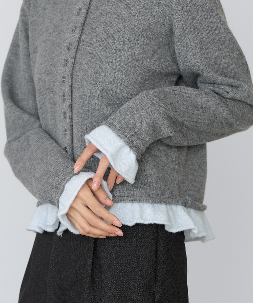 配色フリルニットカーディガン