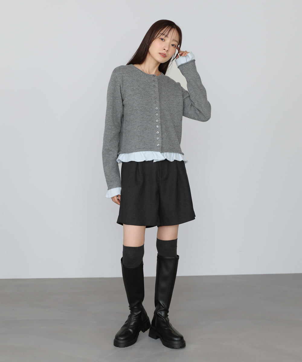 配色フリルニットカーディガン