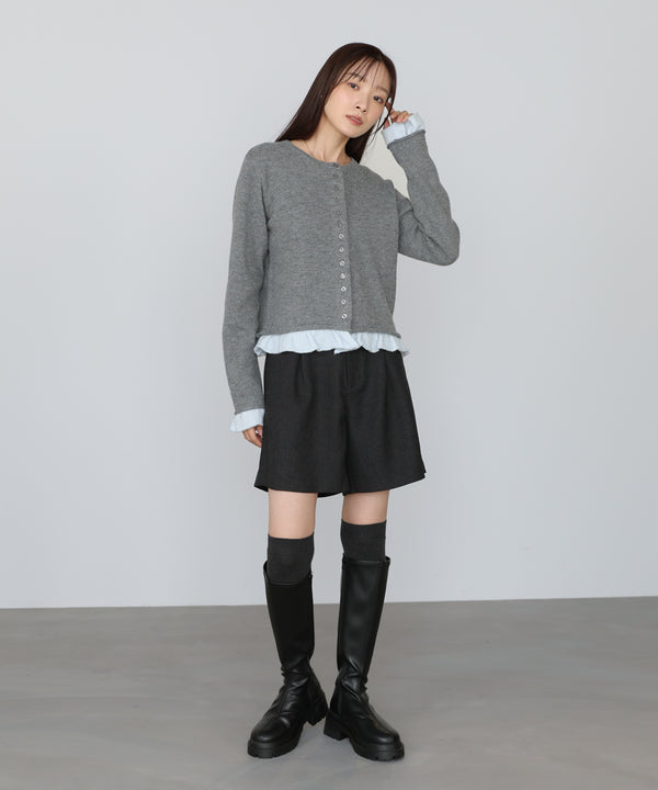 配色フリルニットカーディガン