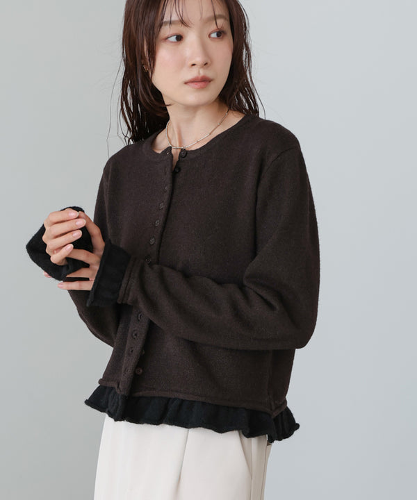 配色フリルニットカーディガン