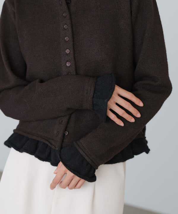 配色フリルニットカーディガン