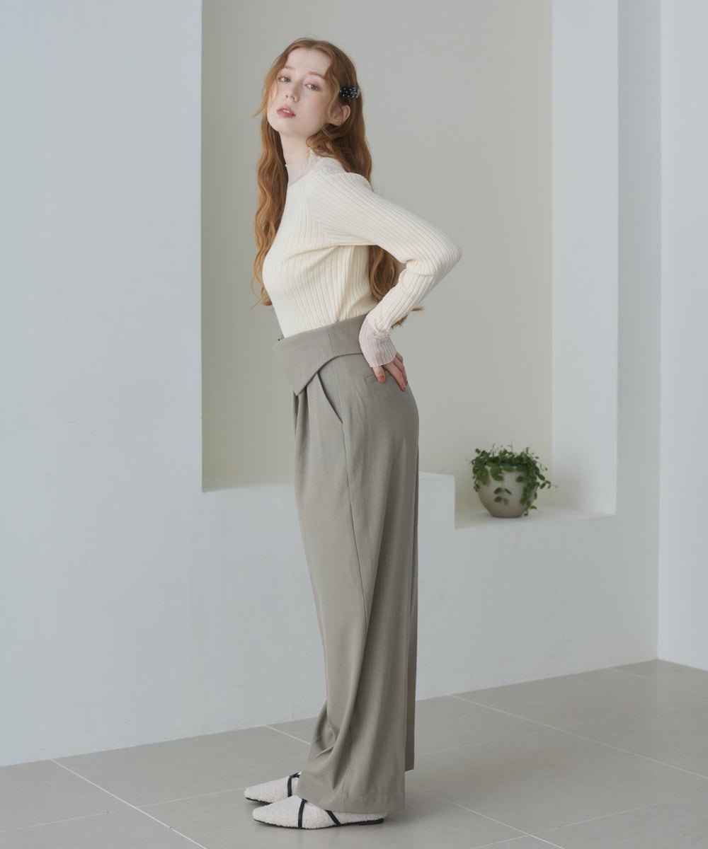 ウエストフラップ釦ワイドタックパンツ