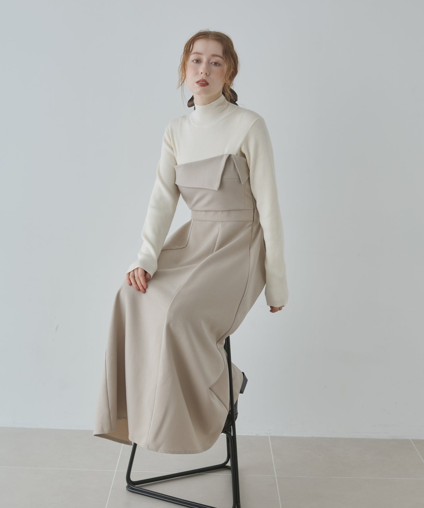 【選べるネック】レイヤード風ドッキングニットワンピ