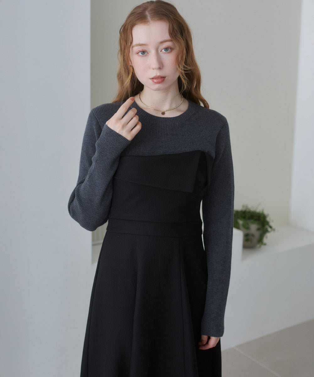 【選べるネック】レイヤード風ドッキングニットワンピ