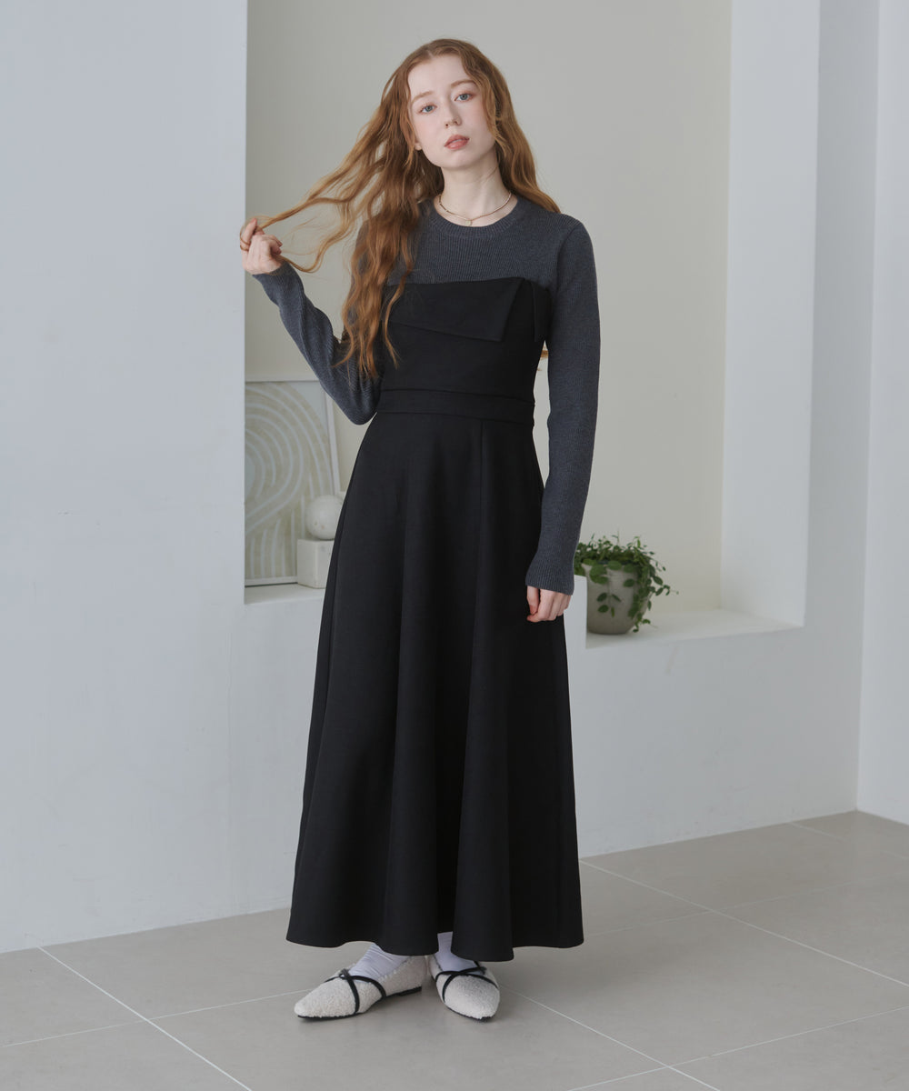 【選べるネック】レイヤード風ドッキングニットワンピ