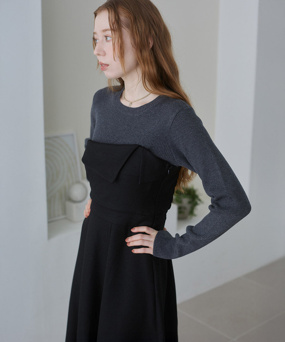 【選べるネック】レイヤード風ドッキングニットワンピ