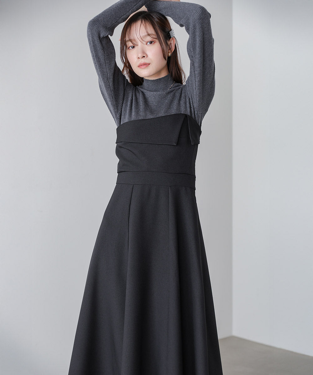 【選べるネック】レイヤード風ドッキングニットワンピ