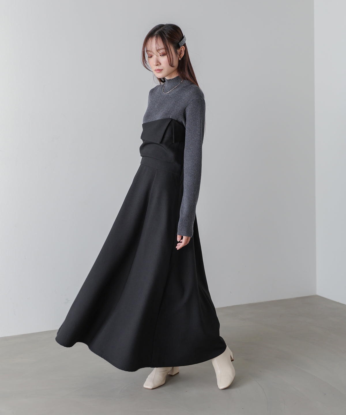 【選べるネック】レイヤード風ドッキングニットワンピ