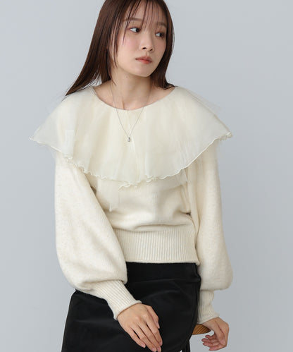 チュールラッフルカラーニットトップス
