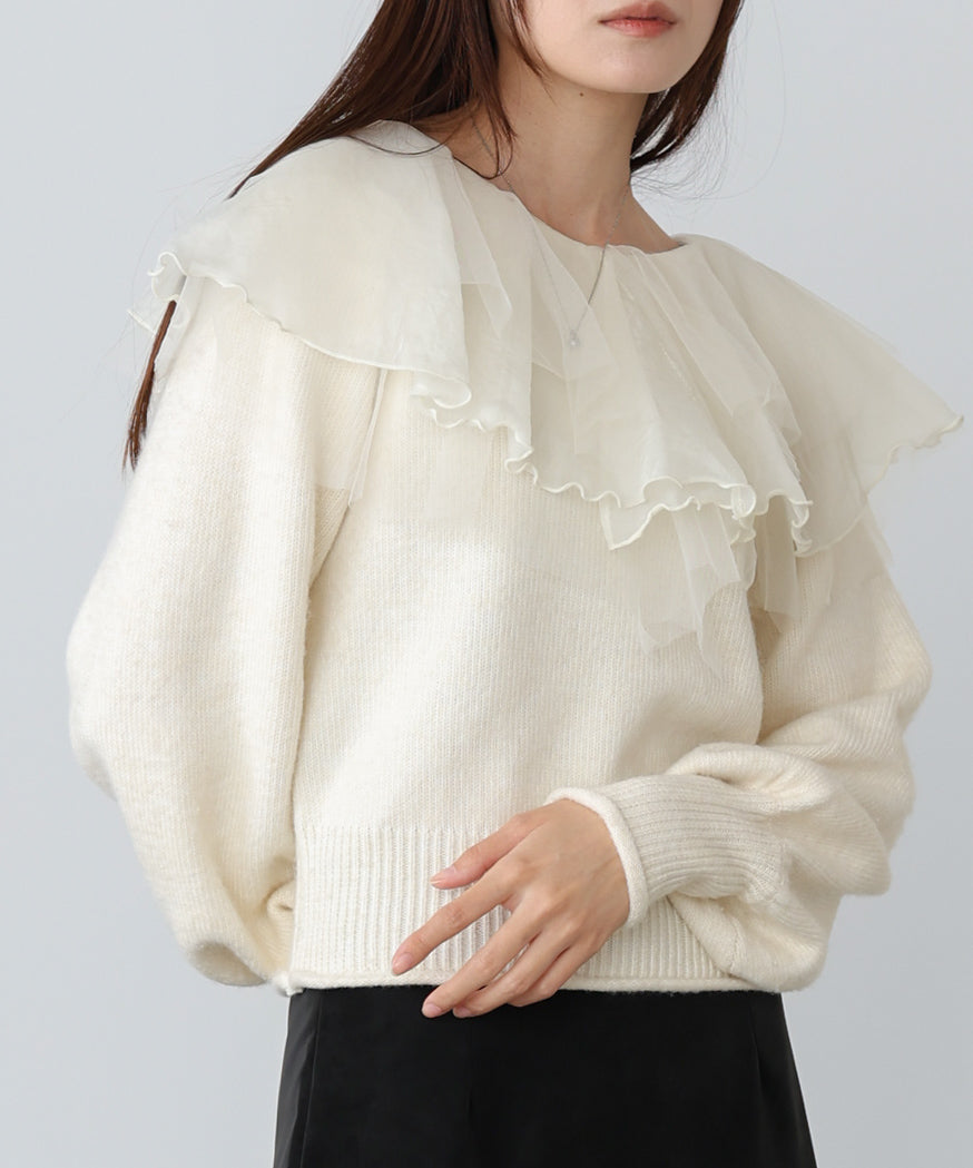 チュールラッフルカラーニットトップス