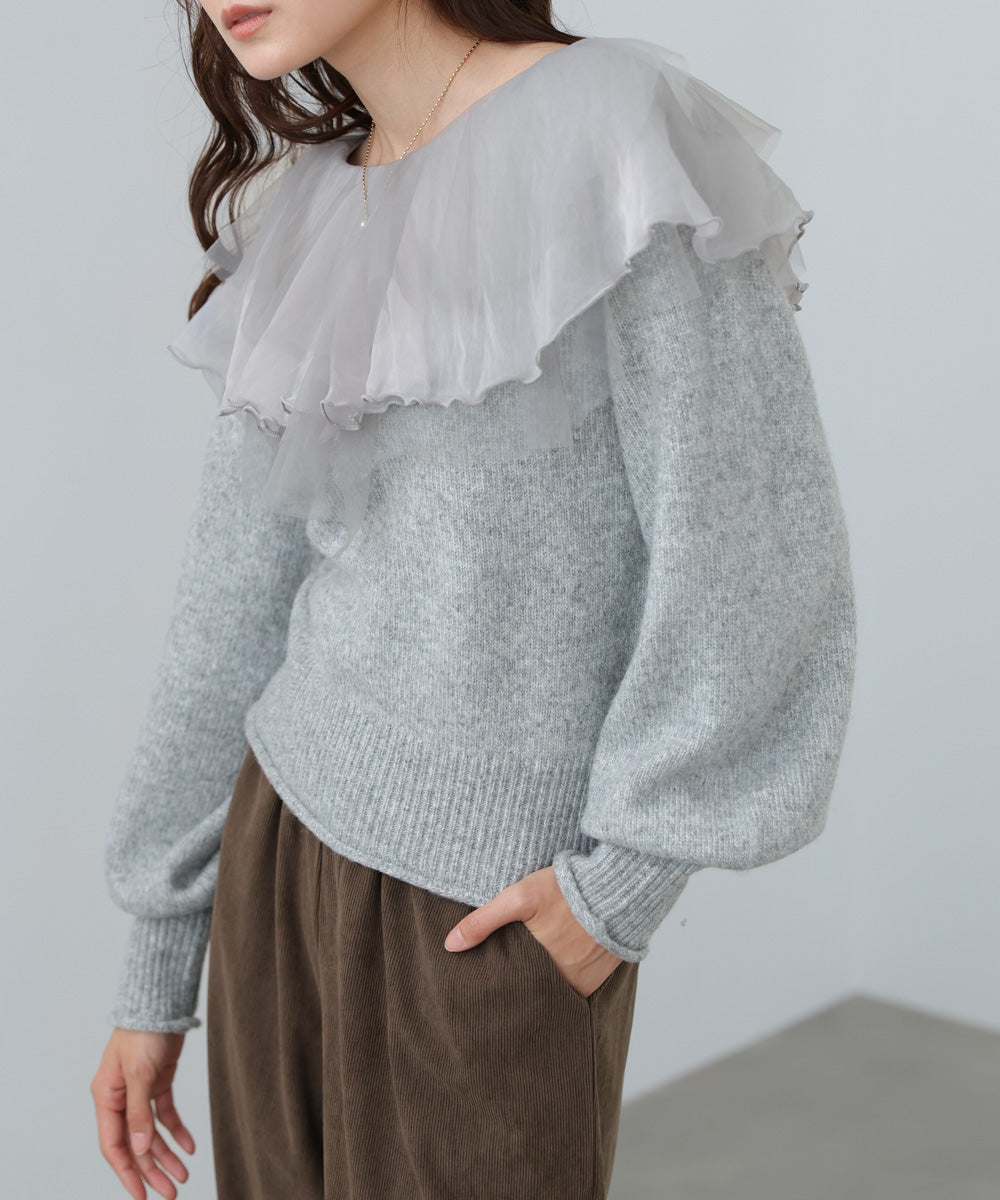 チュールラッフルカラーニットトップス