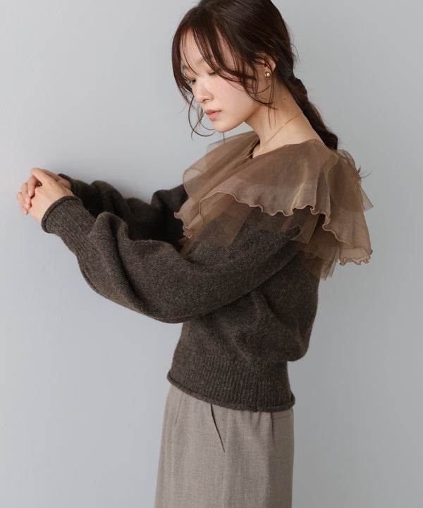 チュールラッフルカラーニットトップス