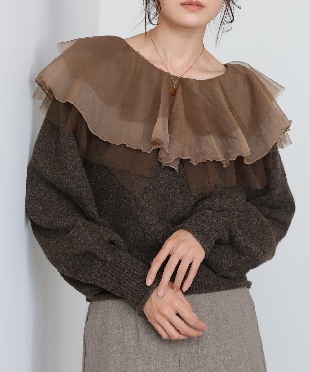 チュールラッフルカラーニットトップス