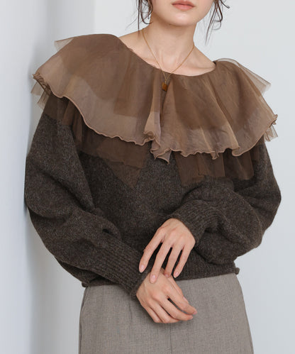 チュールラッフルカラーニットトップス