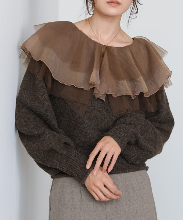 チュールラッフルカラーニットトップス