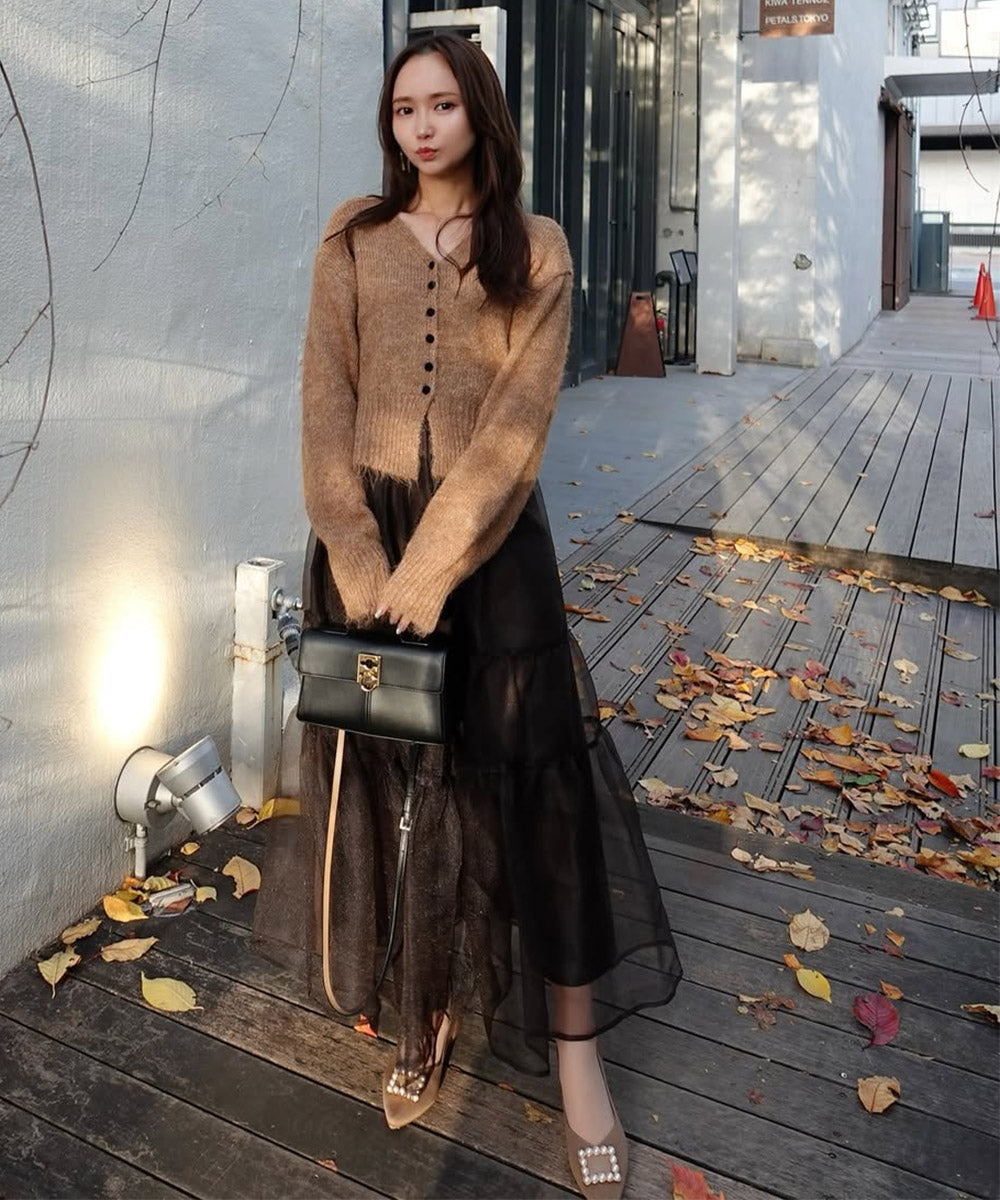 ショートシャギーくるみボタンカーディガン