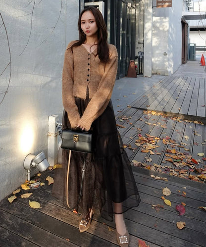 ショートシャギーくるみボタンカーディガン