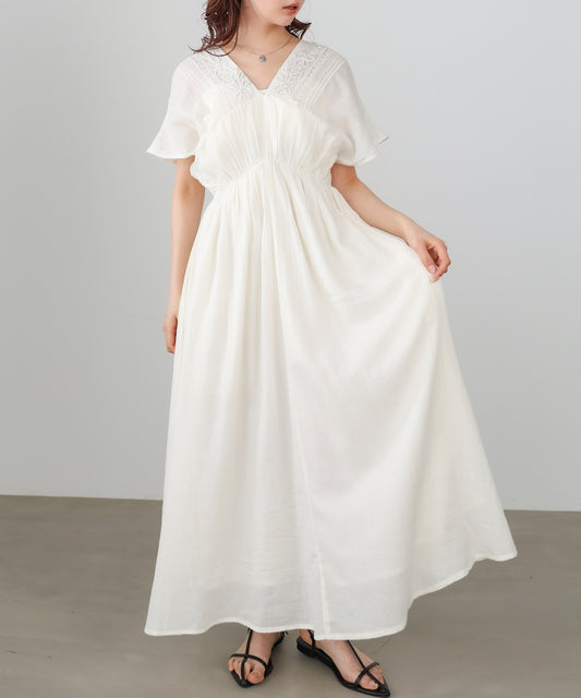 【選べるサイズ展開】テープ刺繍ピンタックレースワンピース