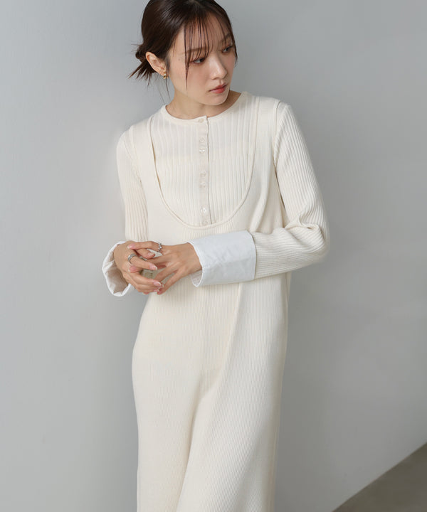 リブシャツ袖ニットカーディガン＋リブニットワンピース