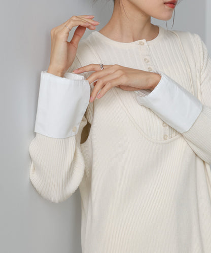 リブシャツ袖ニットカーディガン＋リブニットワンピース