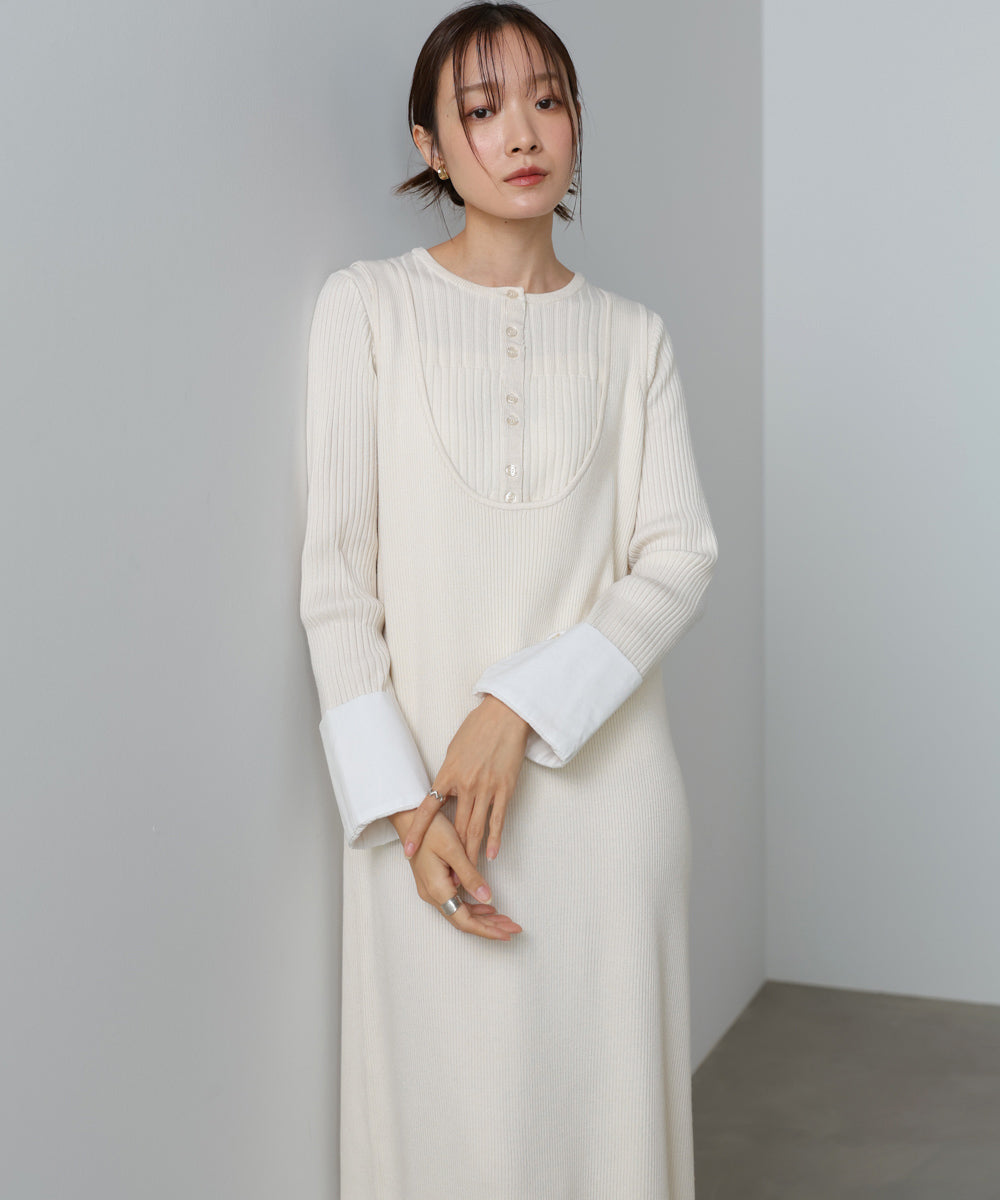 リブシャツ袖ニットカーディガン＋リブニットワンピース
