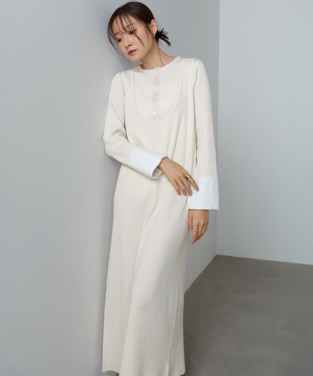リブシャツ袖ニットカーディガン＋リブニットワンピース
