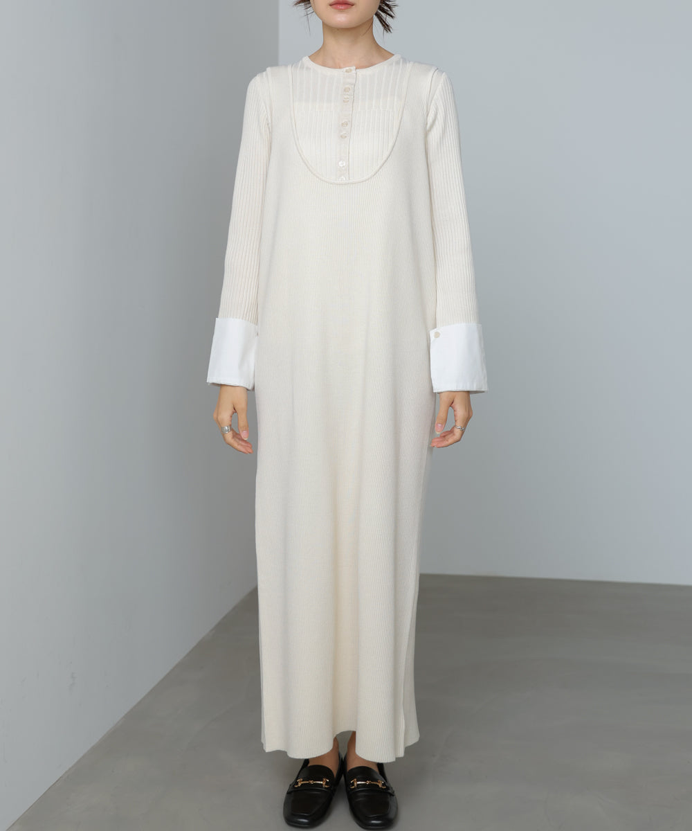 リブシャツ袖ニットカーディガン＋リブニットワンピース