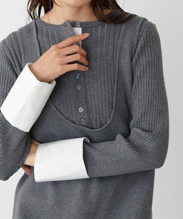 リブシャツ袖ニットカーディガン＋リブニットワンピース