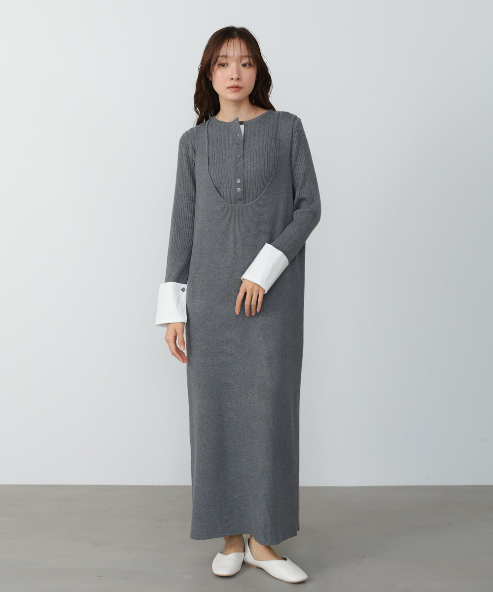 リブシャツ袖ニットカーディガン＋リブニットワンピース