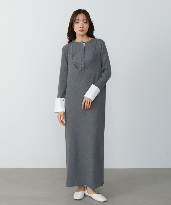 リブシャツ袖ニットカーディガン＋リブニットワンピース