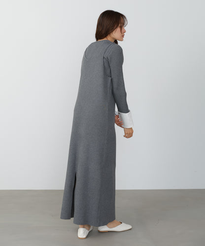 リブシャツ袖ニットカーディガン＋リブニットワンピース