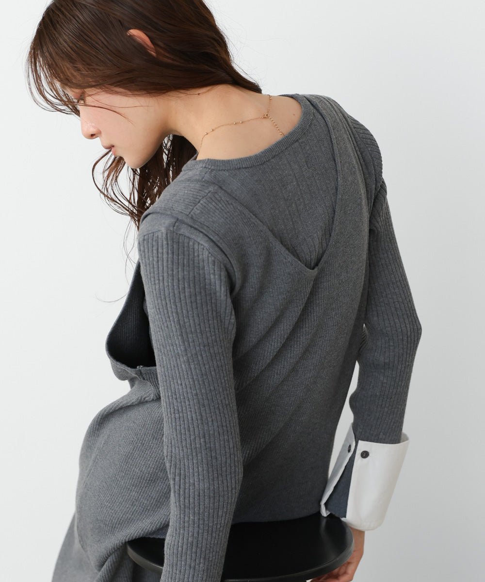 リブシャツ袖ニットカーディガン＋リブニットワンピース