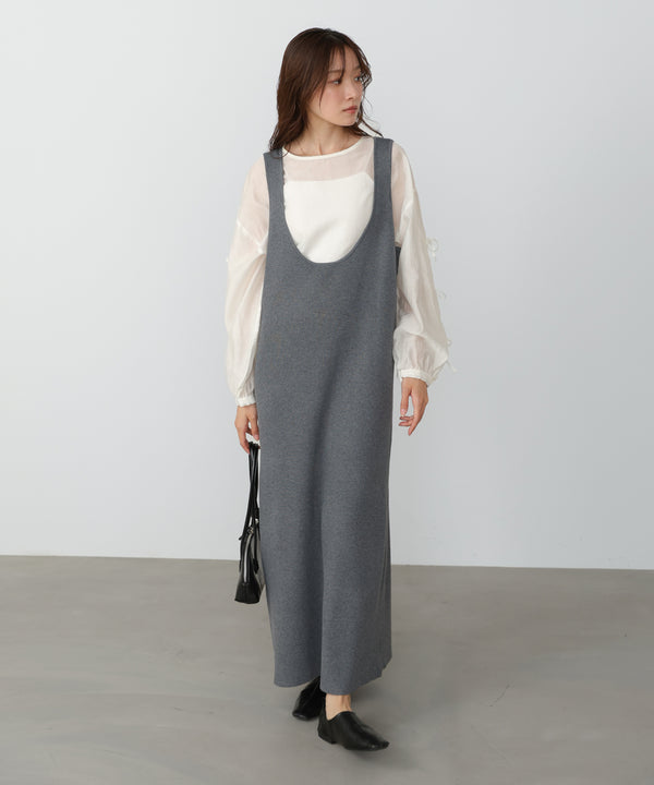 リブシャツ袖ニットカーディガン＋リブニットワンピース