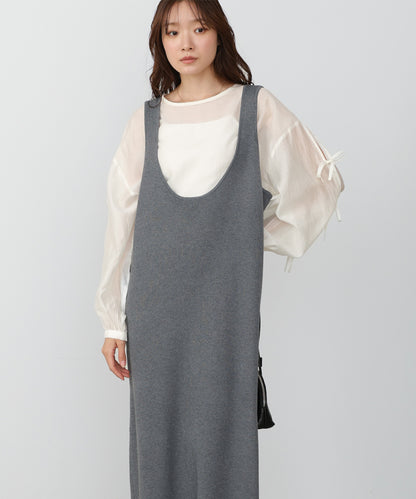 リブシャツ袖ニットカーディガン＋リブニットワンピース