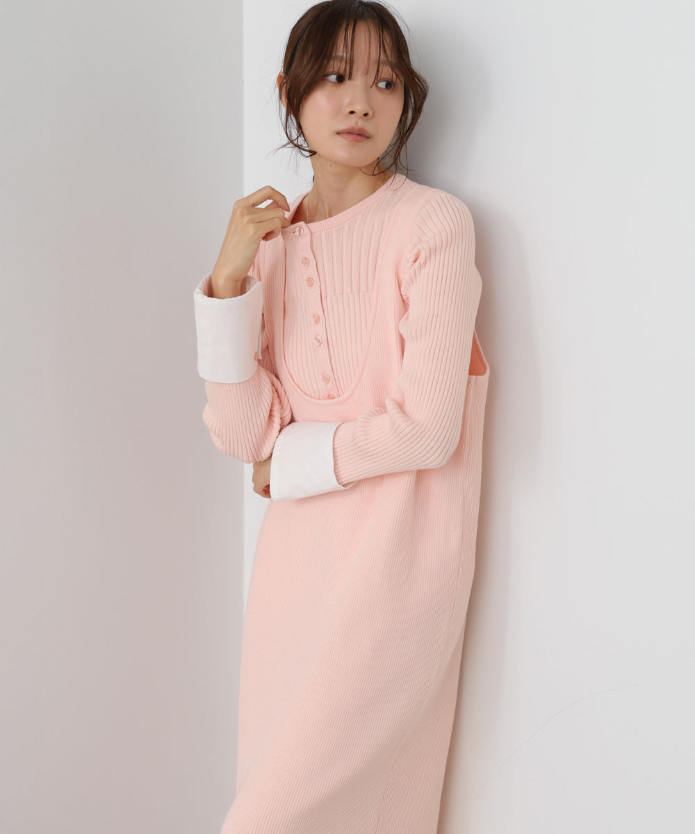 【2026SS】リブシャツ袖ニットカーディガン＋リブニットワンピース