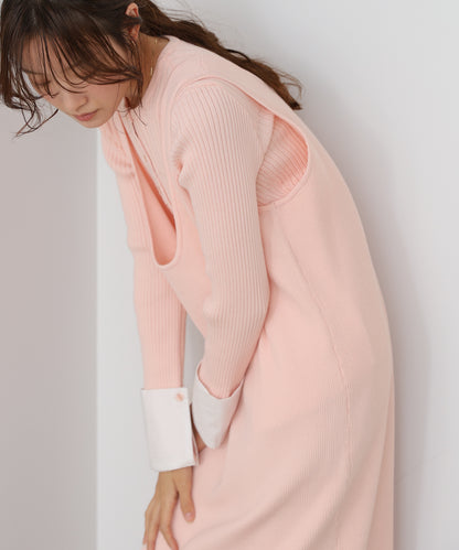 リブシャツ袖ニットカーディガン＋リブニットワンピース