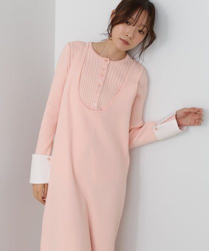 リブシャツ袖ニットカーディガン＋リブニットワンピース