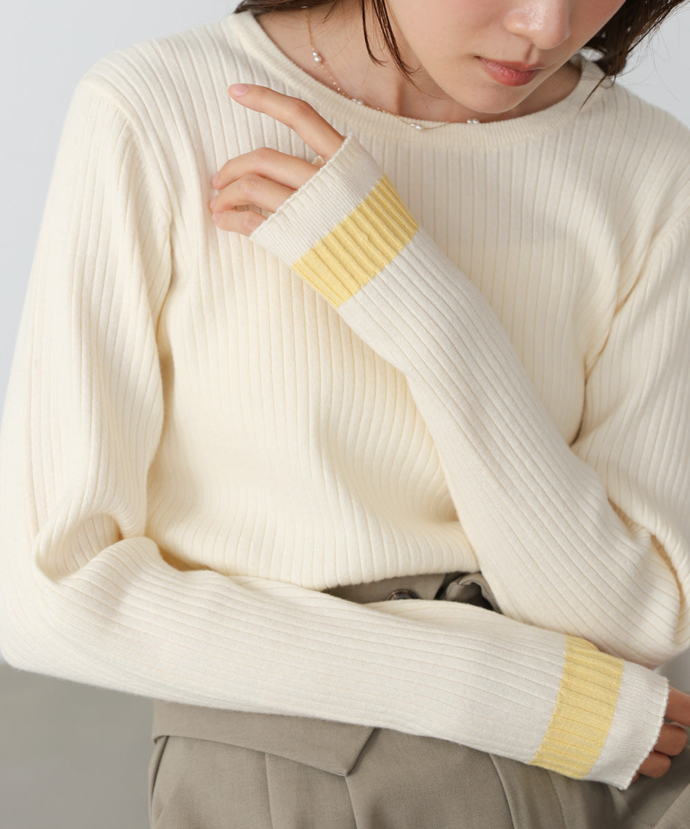 【2026SS】袖配色クルーネックリブニットトップス