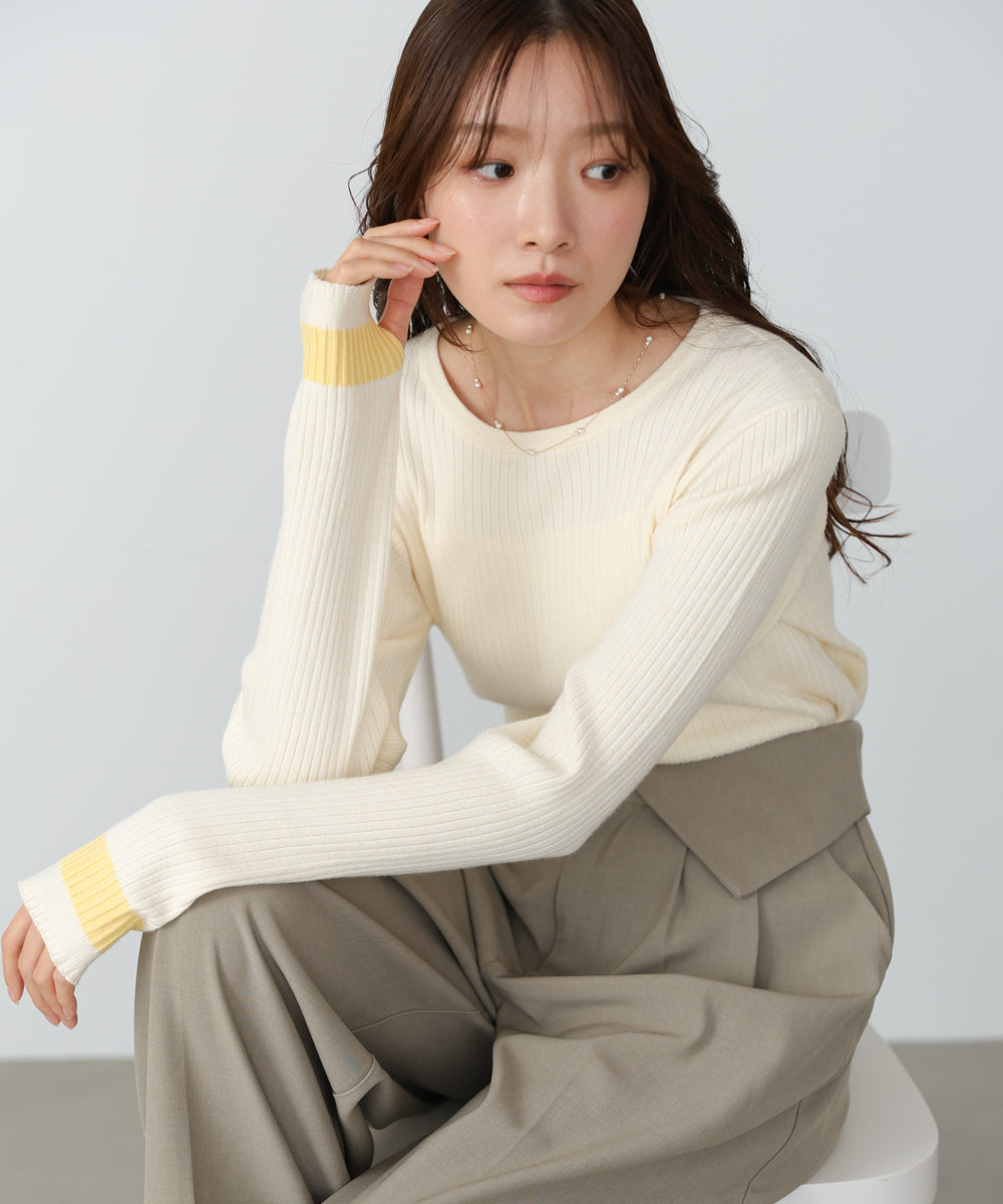 【2026SS】袖配色クルーネックリブニットトップス