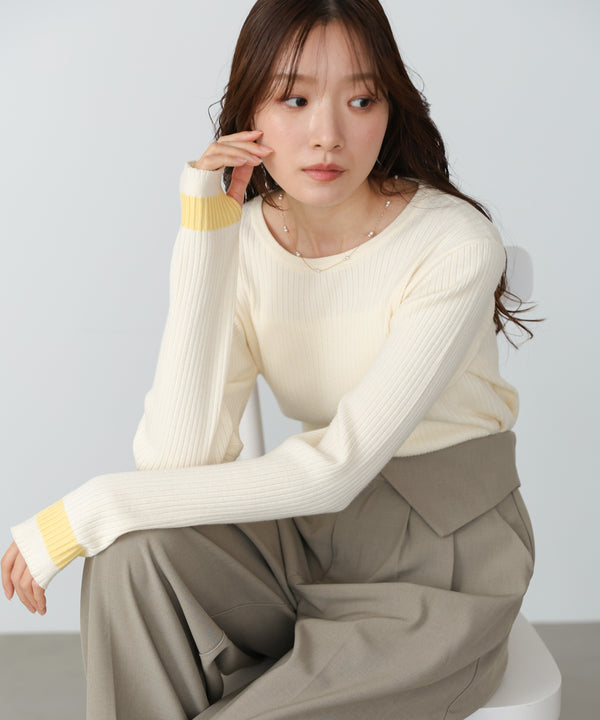【2026SS】袖配色クルーネックリブニットトップス