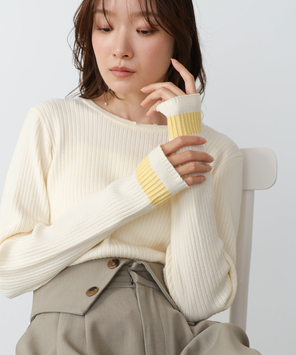 【2026SS】袖配色クルーネックリブニットトップス