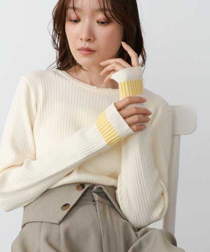【2026SS】袖配色クルーネックリブニットトップス