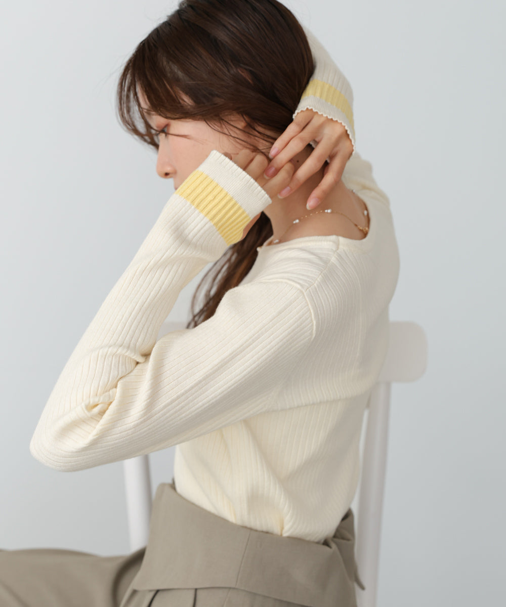 【2026SS】袖配色クルーネックリブニットトップス