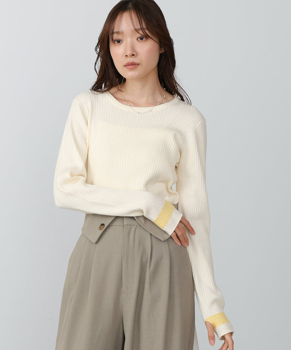 【2026SS】袖配色クルーネックリブニットトップス